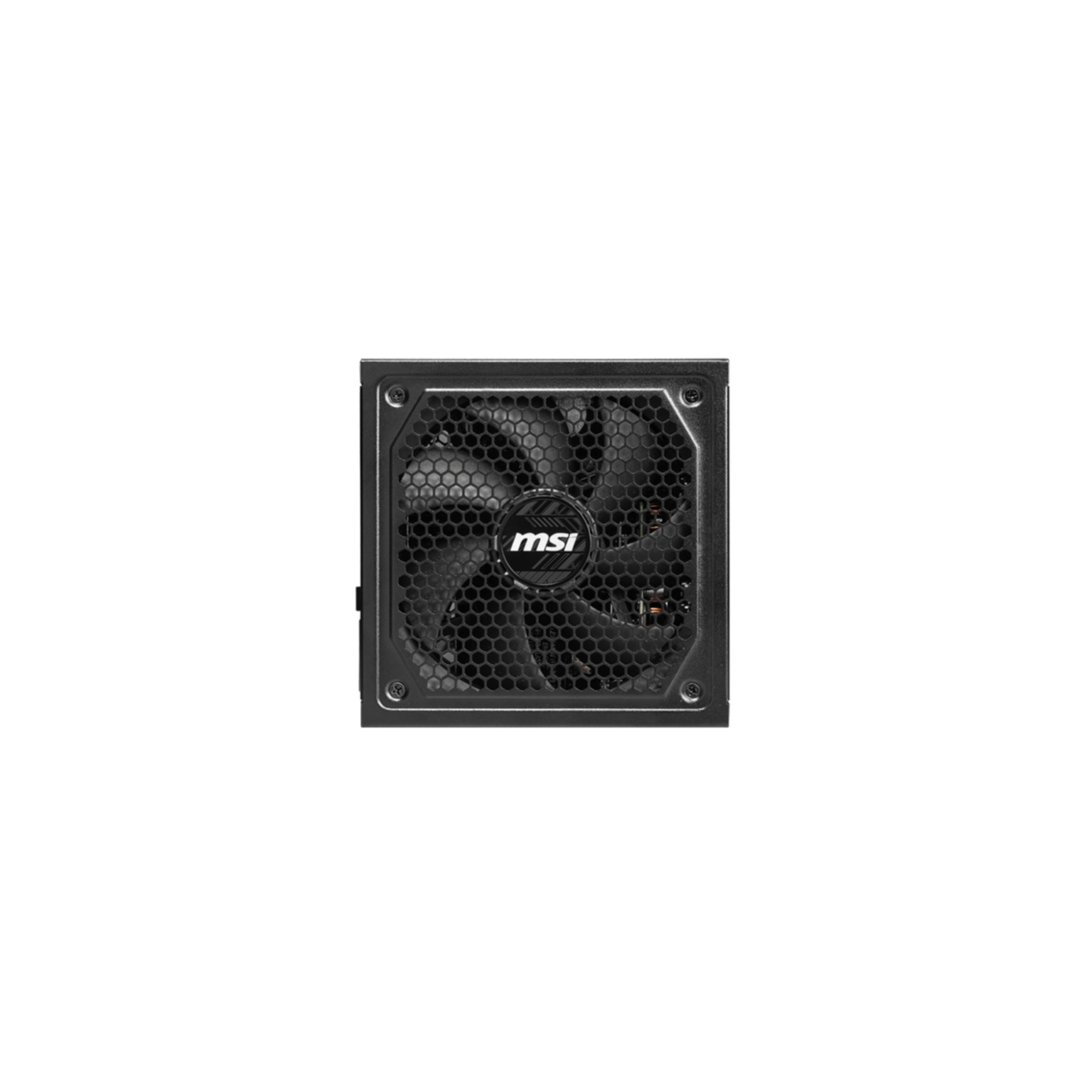 Czarny zasilacz komputerowy z wentylatorem i logo 'MSI' z przodu.