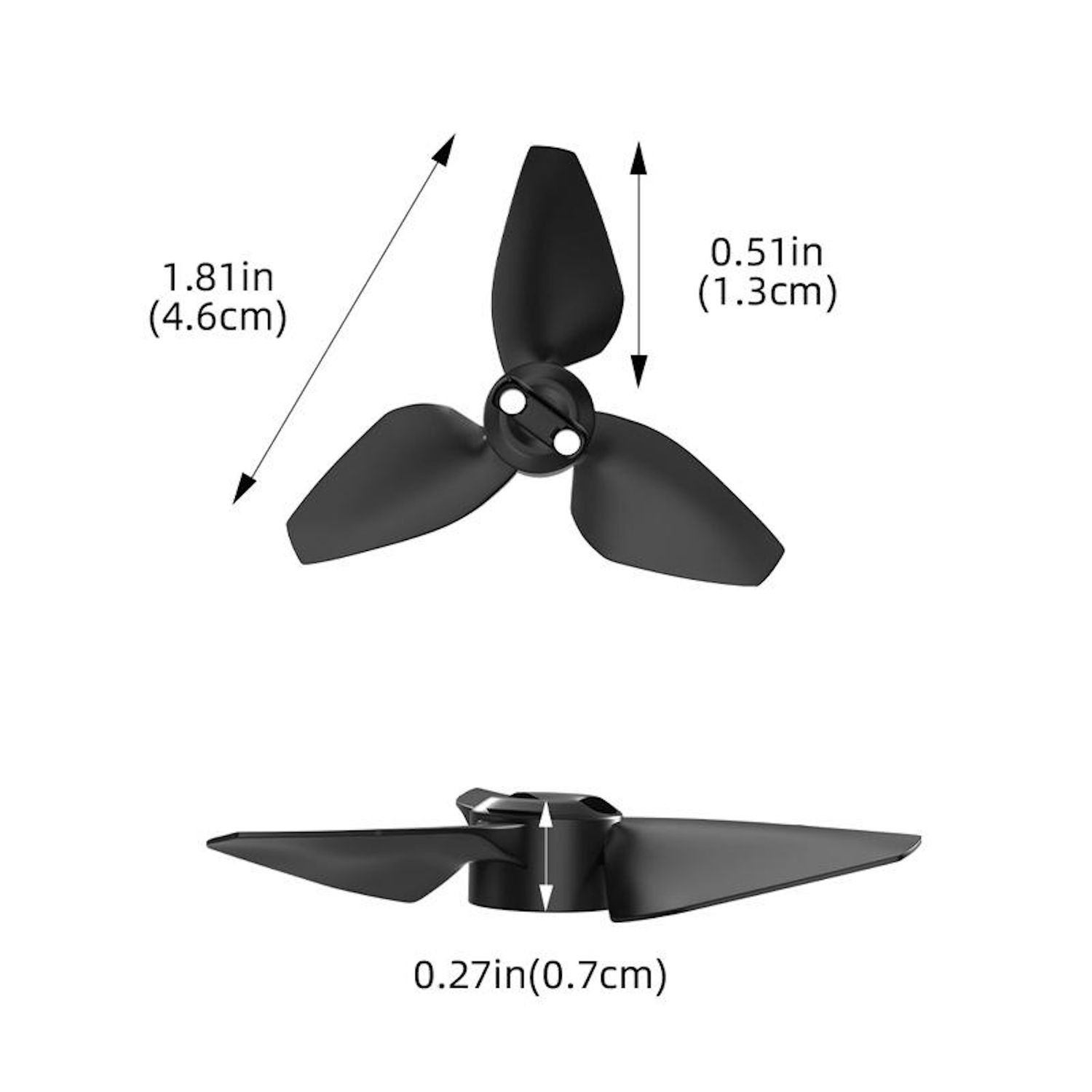 Drei schwarze Drohnenpropeller mit Abmessungen. Sie sind schwarz.
