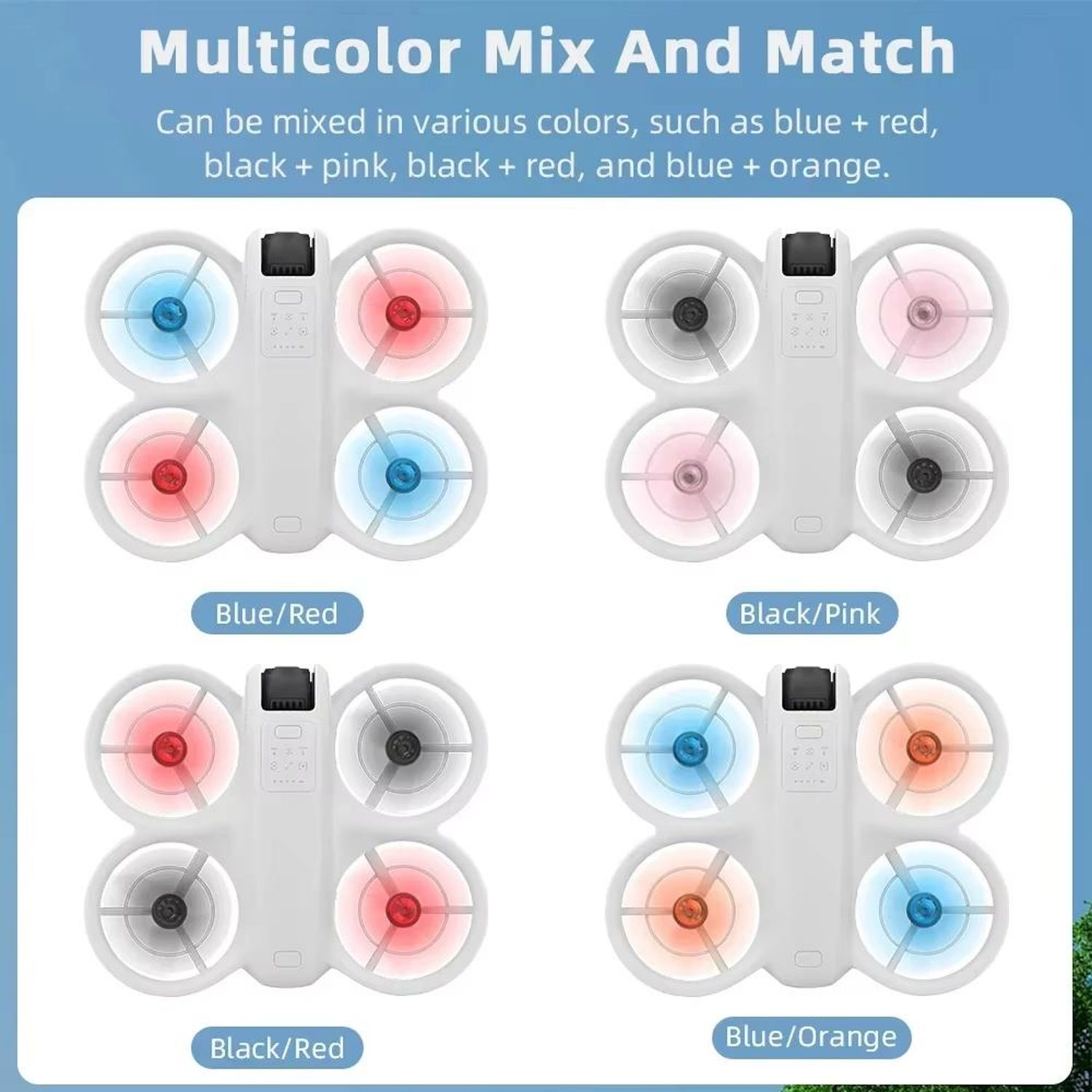 Vier Drohnenmodelle mit verschiedenfarbigen Propellern. Text: Multicolor Mix And Match.