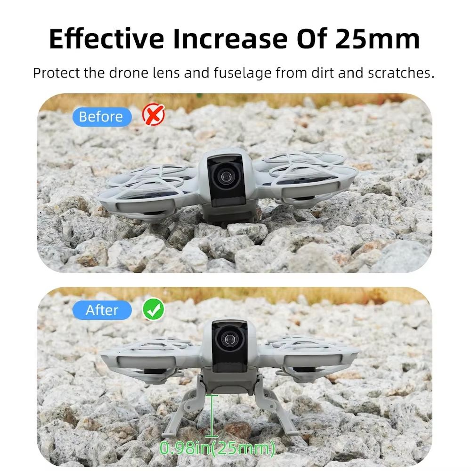 Drone con gambe estese sulle rocce. Il testo mostra un prima e dopo.