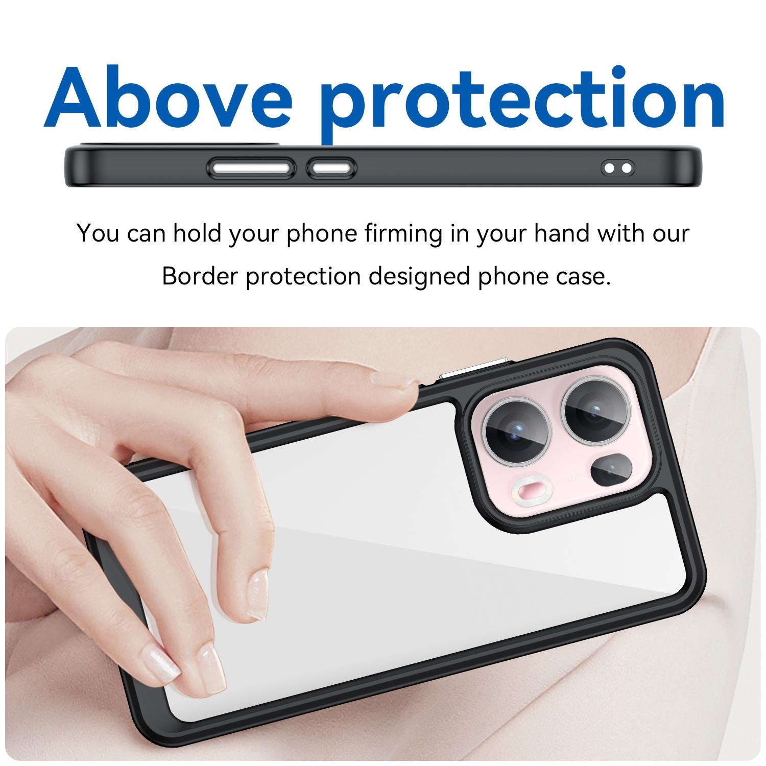 Schwarze Handyhülle schützt ein Telefon in der Hand. Text lautet 'Above protection'.