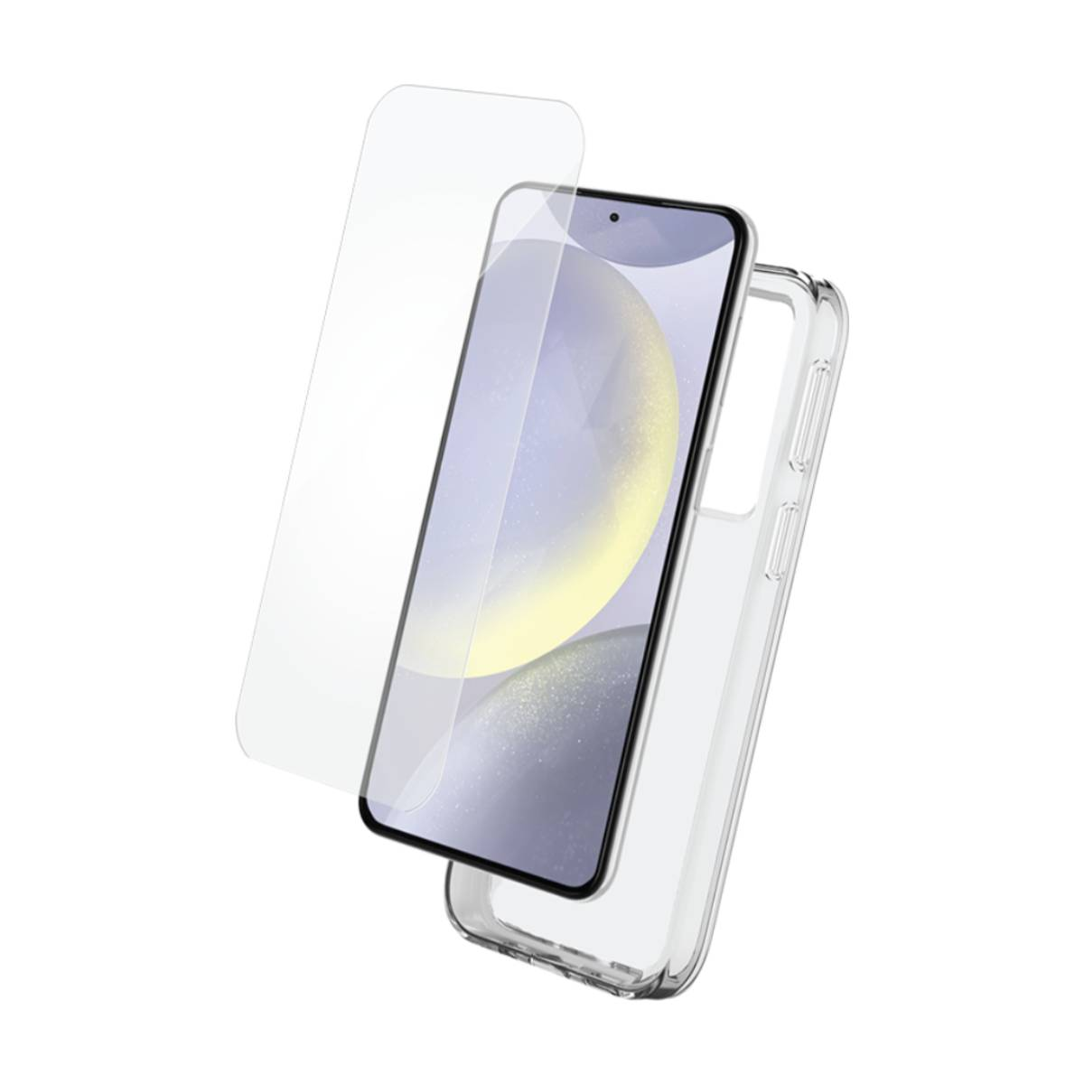Telefono, protezione schermo e una custodia trasparente. Il telefono ha una protezione schermo e si trova in una custodia.