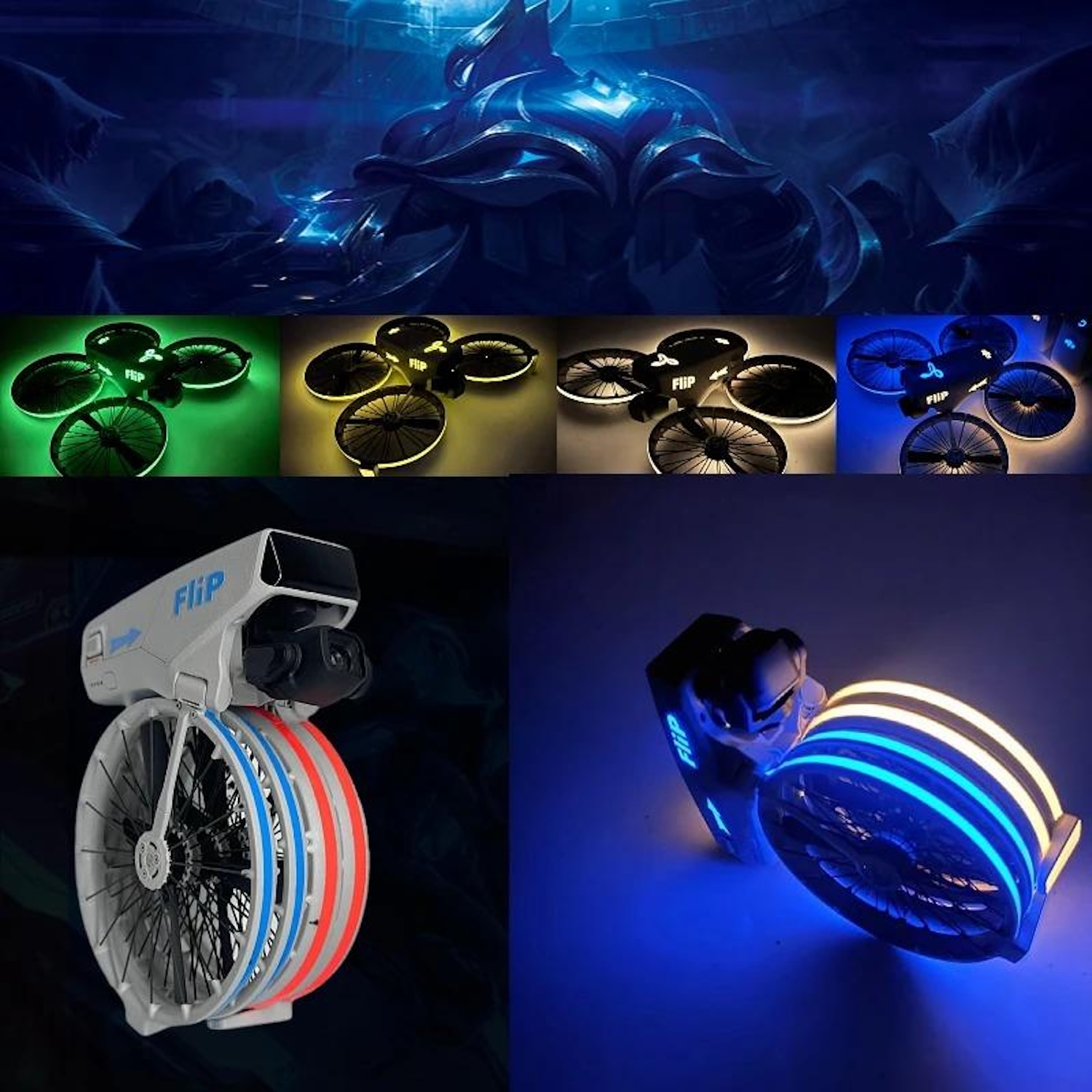Mehrere Bilder von Drohnen mit verschiedenen Lichteffekten und ein futuristisches Drohnendesign.