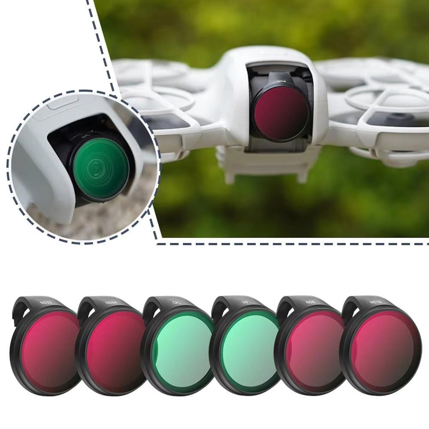 Un drone con filtri di diversi colori collegati alla fotocamera. Ci sono filtri rossi, verdi e di altri colori.