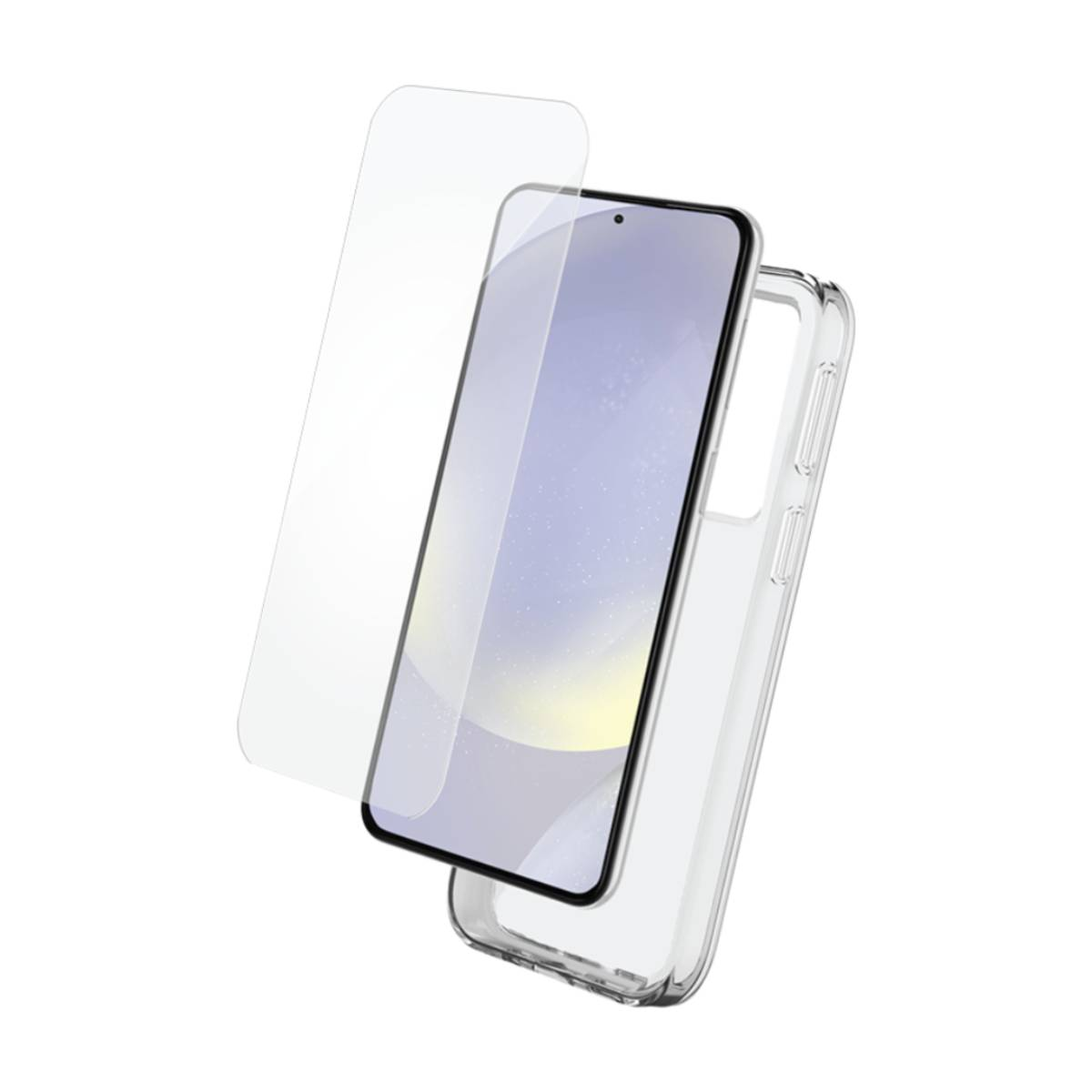 Un telefono con una protezione per lo schermo e una custodia trasparente. Il telefono è bianco con schermo nero.