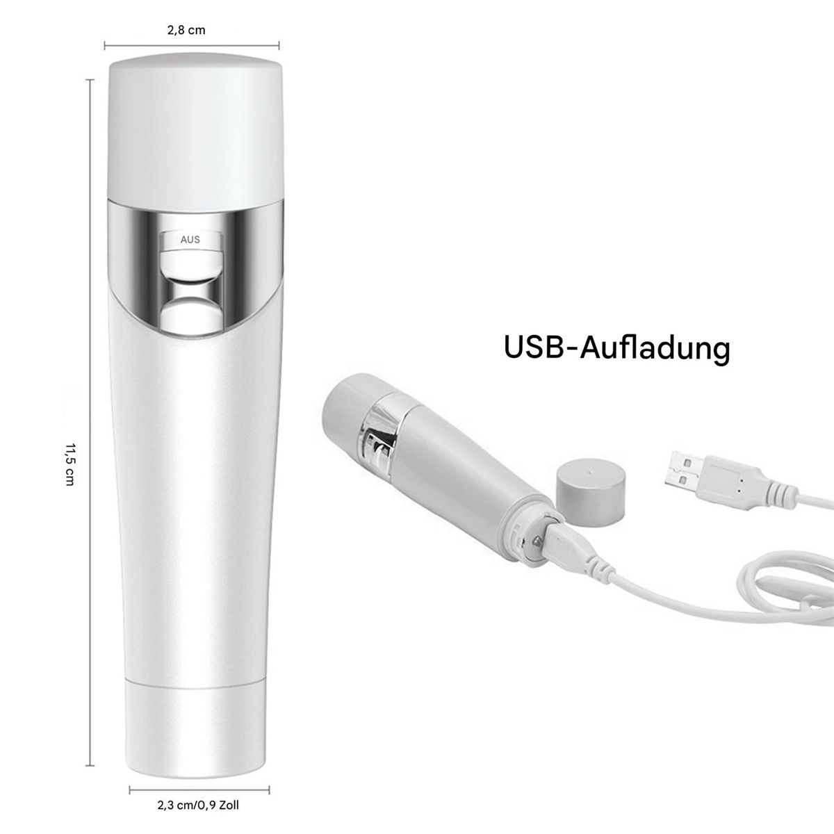 Weißes und silbernes Schönheitsgerät mit USB-Aufladung und Maßen.