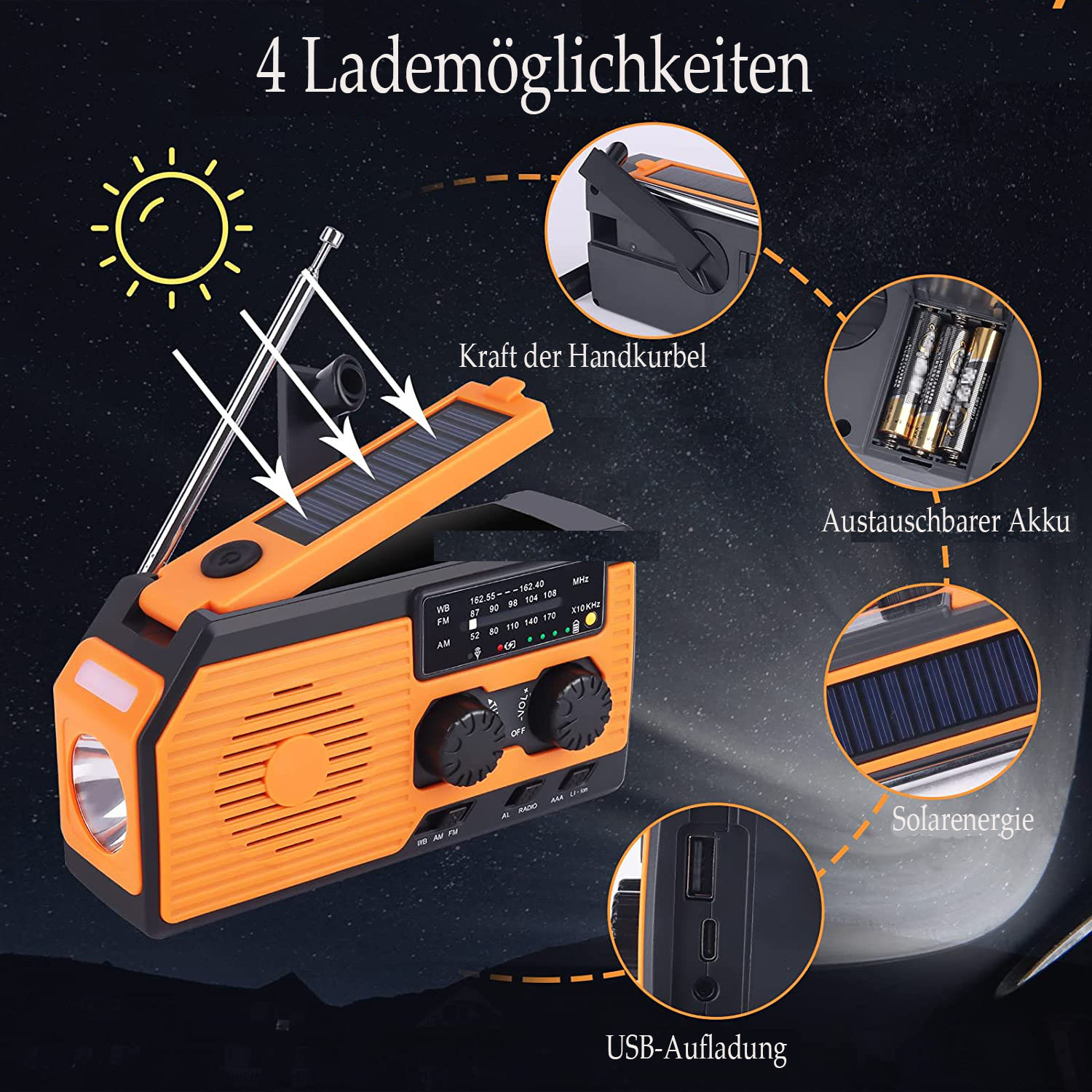 Oranges Radio mit Solarpanel, Taschenlampe und USB-Aufladung. Zeigt Funktionen wie Akku und Handkurbel.