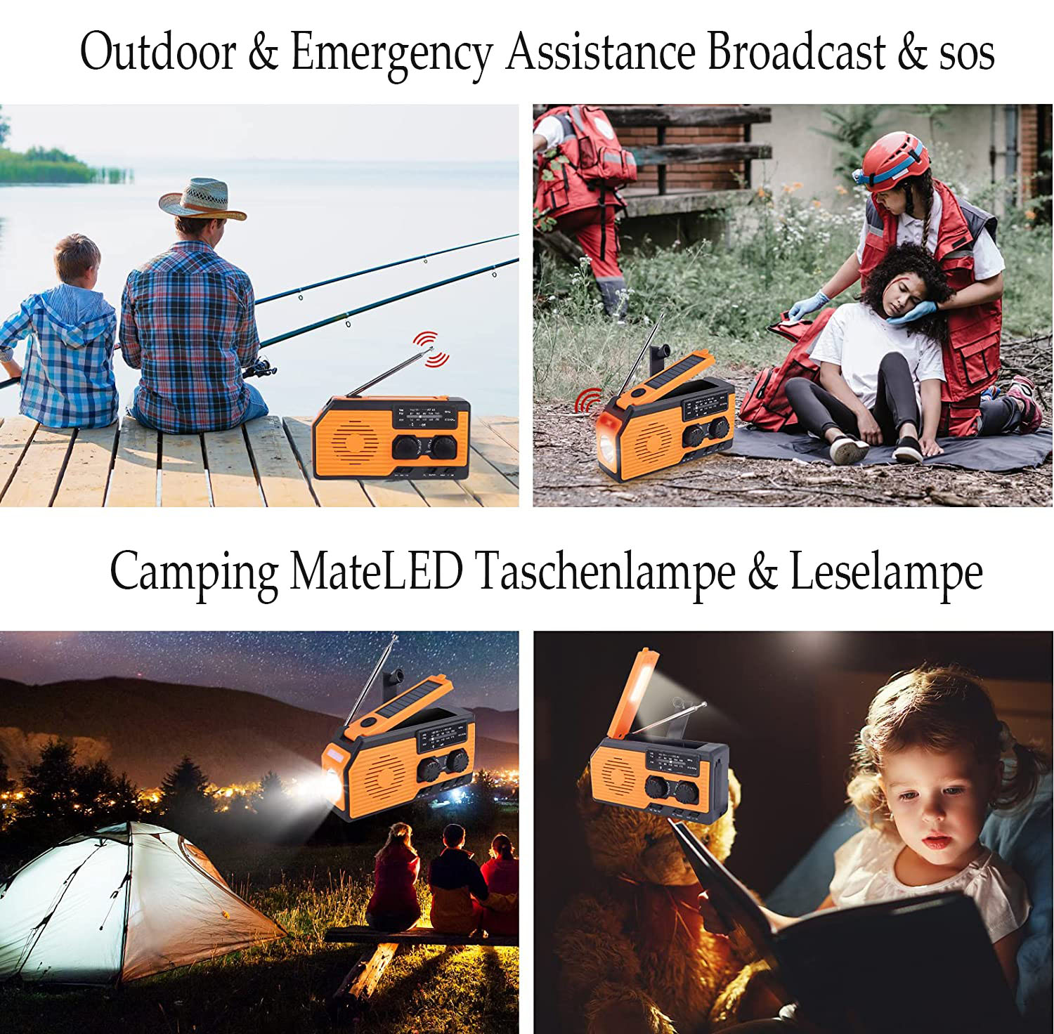 Orange Notfallradio. Angeln, Sanitäter mit Patient, Zelt und Familie beim Camping.