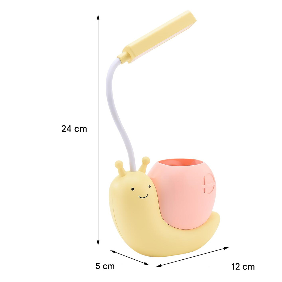Schreibtischlampe in Schneckenform mit gelbem Körper, rosa Schale und Licht.