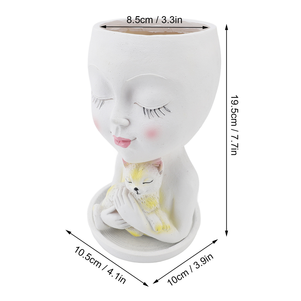 Weiße, gesichtsförmige Vase mit einer kleinen Katze, mit Maßen in cm und Zoll.
