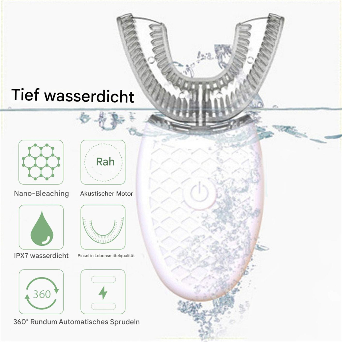 Eine weiße elektrische Zahnbürste. Sie hat Symbole, die Funktionen wie Nano-Bleaching und Wasserdichtigkeit zeigen.