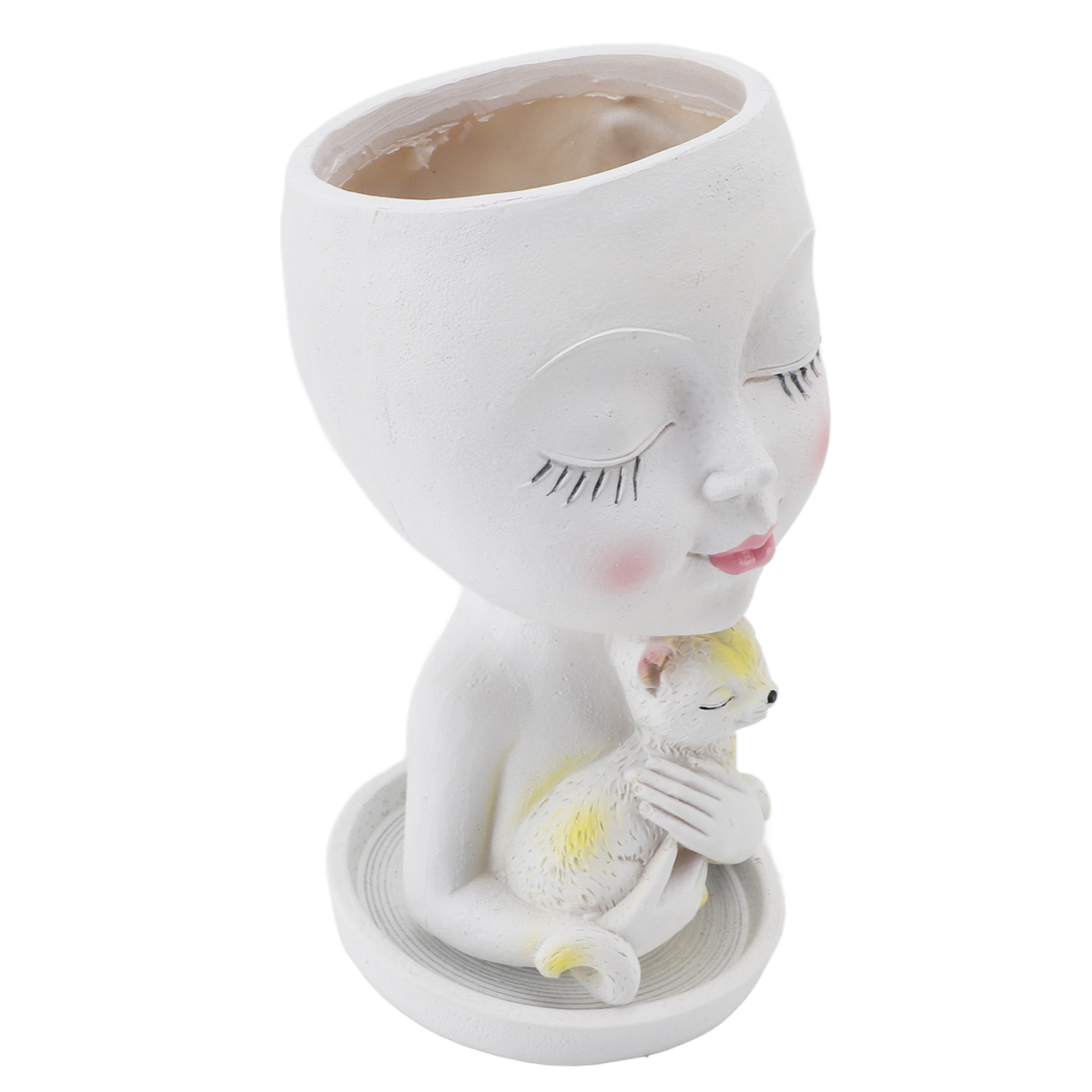 Weißes, gesichtsförmiges Vase mit einer kleinen, schlafenden Katze. Das Gesicht hat geschlossene Augen und rosa Wangen.