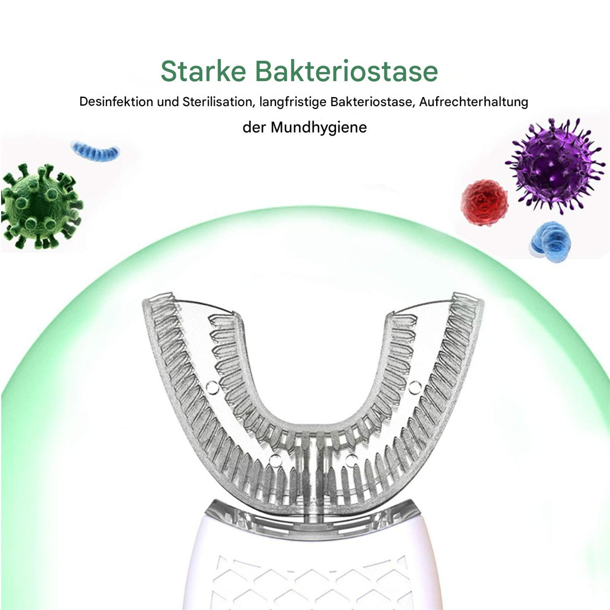 Ein Mundhygiene-Gerät mit U-förmigem Design, umgeben von Bildern von Bakterien und Viren.