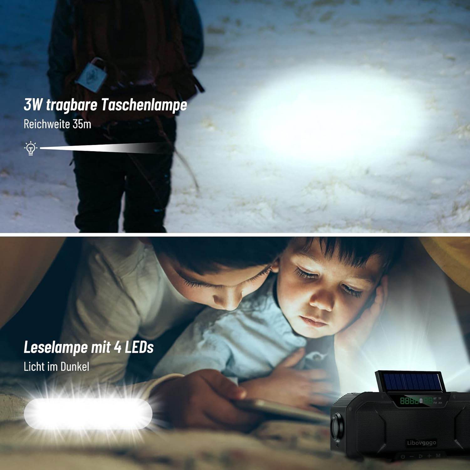 Bilder zeigen eine Taschenlampe im Schnee und Kinder, die mit einer Leselampe mit Solarpanel lesen.