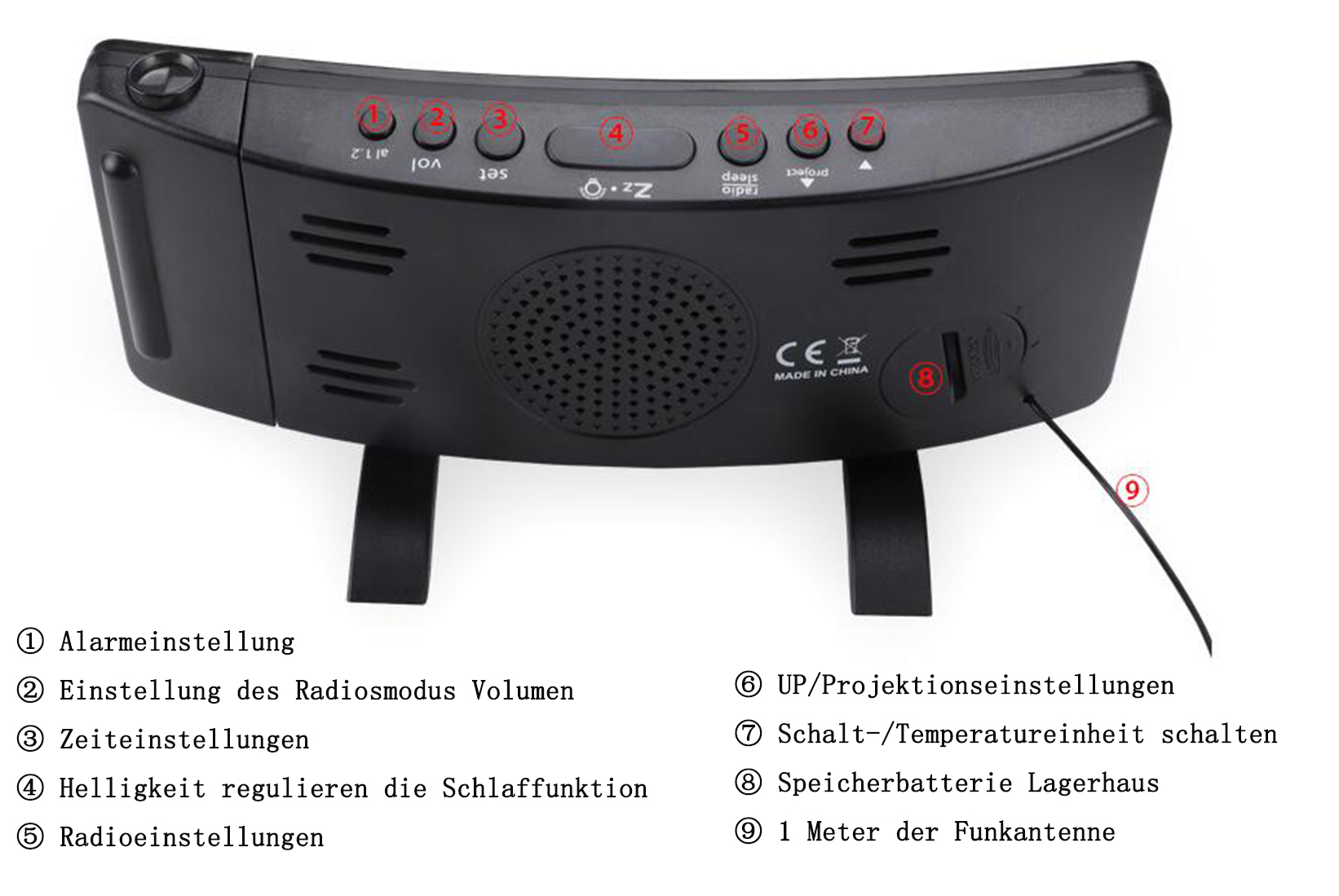 Schwarzer digitaler Wecker mit Knöpfen und Lautsprecher. Zahlen 1-9 sind sichtbar. Weißer Hintergrund.