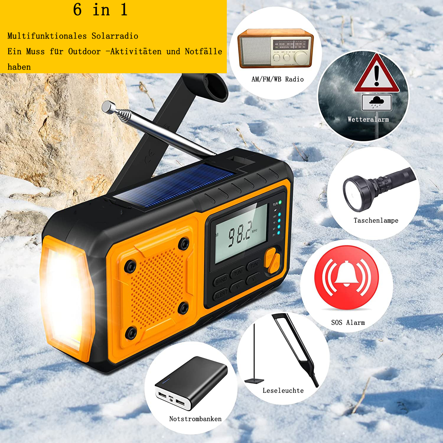 Gelb-schwarzes Solarradio mit Funktionsabbildungen. Auf weißem Hintergrund.