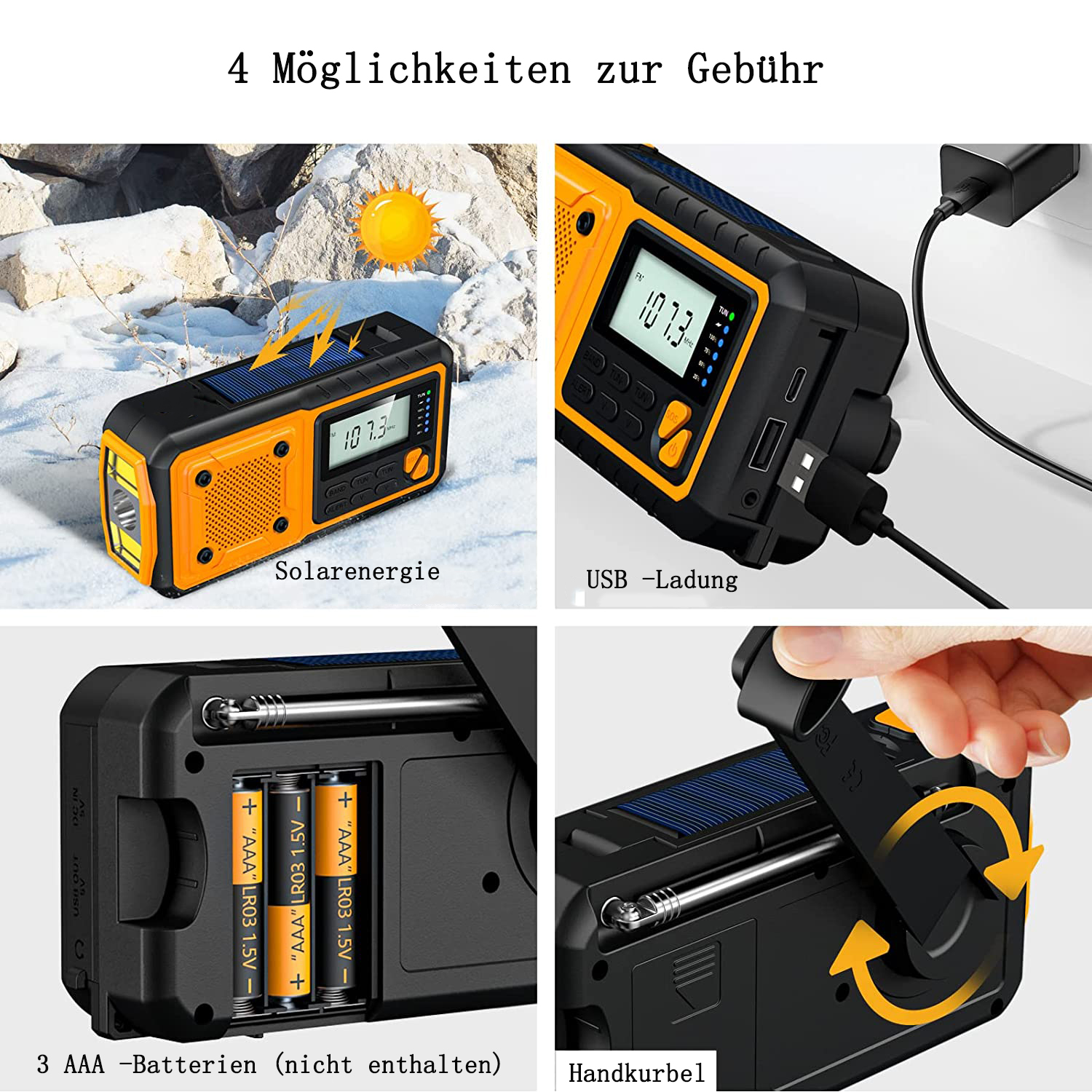 Ein Multifunktionsradio mit Solarpanel, Lademöglichkeiten und Kurbel.