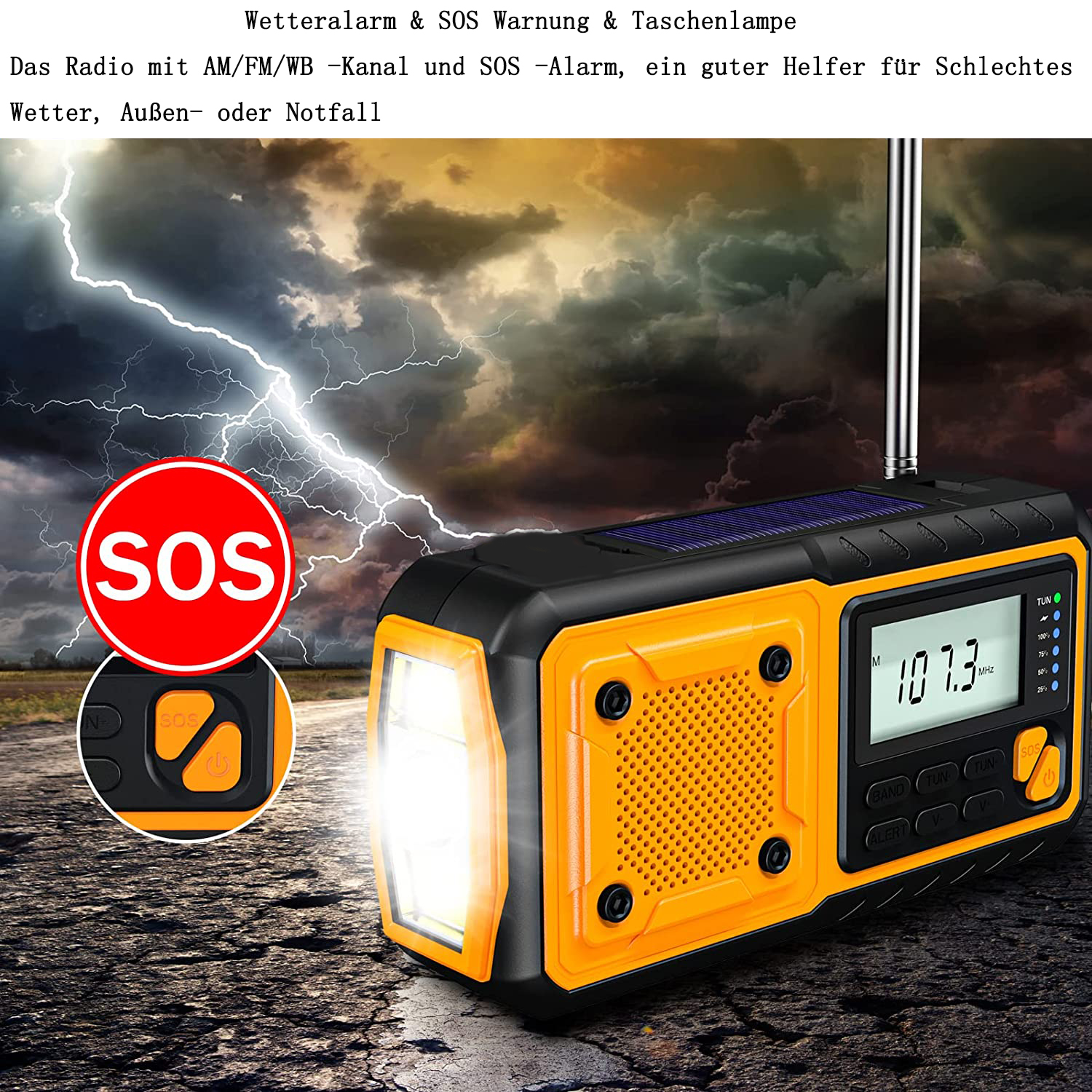 Ein gelb-schwarzes Radio mit Solarpanel, SOS-Knopf und Taschenlampe, mit stürmischem Hintergrund.