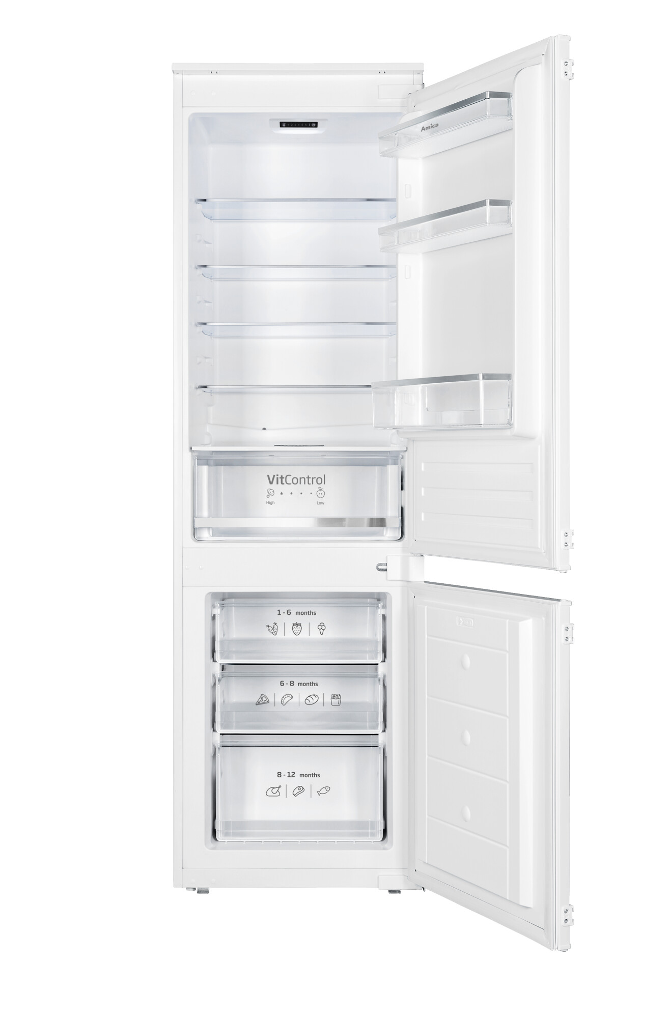 Weißer Kühlschrank mit geöffneten Türen. Zeigt Regale, Schubladen und ein VitControl-Fach.