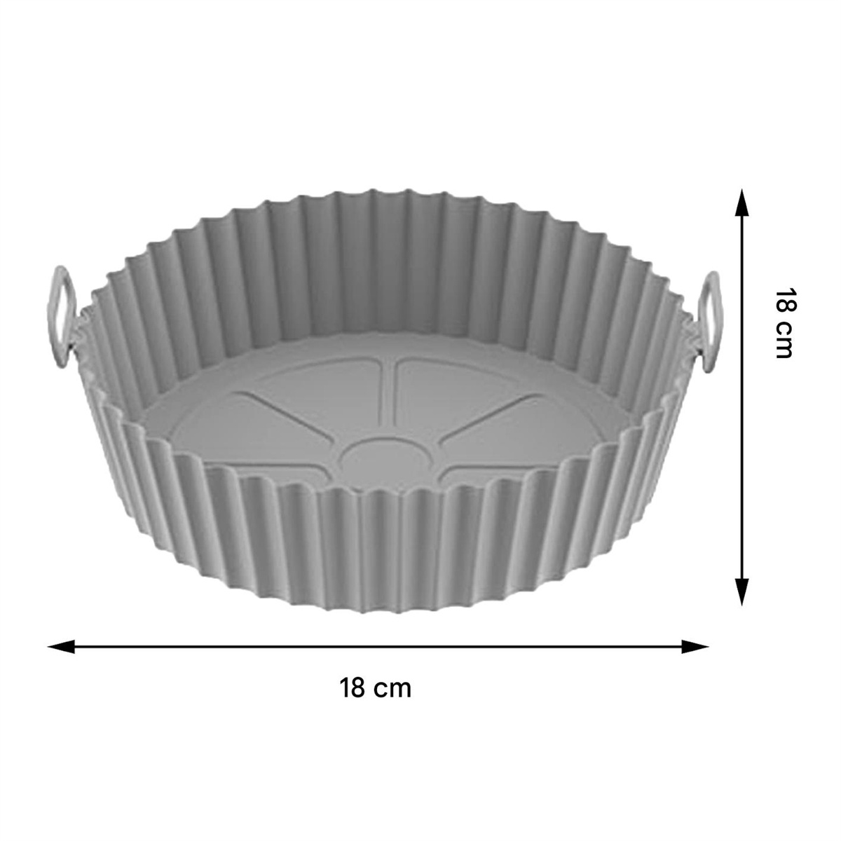 Grauer Silikon-Airfryer-Korb mit Griffen und Abmessungen in Zentimetern.