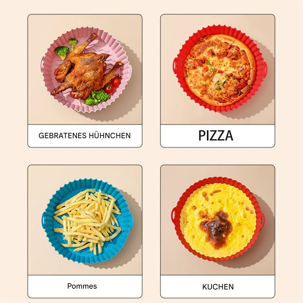 Vier Silikon-Backformen mit verschiedenen Speisen: Brathähnchen, Pizza, Pommes und Kuchen.