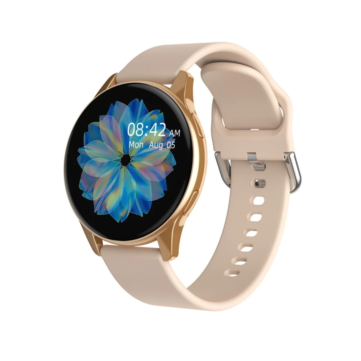 Runde Smartwatch mit goldenem Rahmen und beigem Armband. Digitalanzeige mit Uhrzeit und Datum.