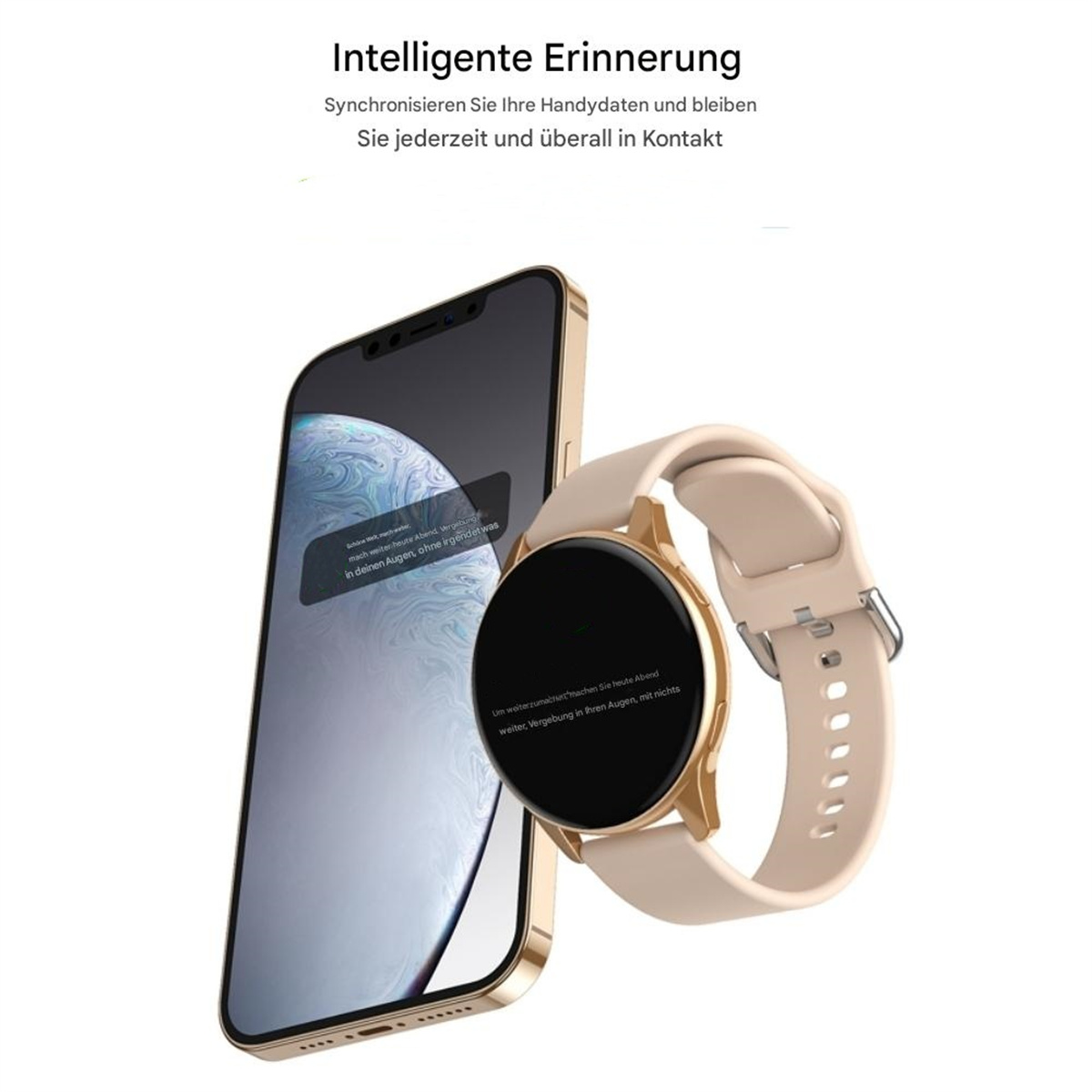 Eine goldene Smartwatch neben einem Telefon, beide auf weißem Untergrund, mit Text.