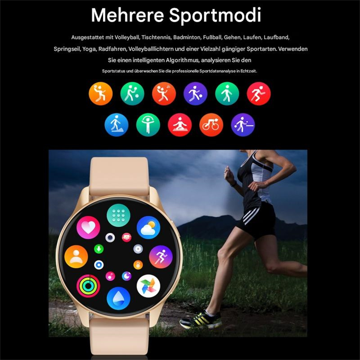 Frau rennt, Smartwatch zeigt Symbole. Text: Mehrere Sportmodi.