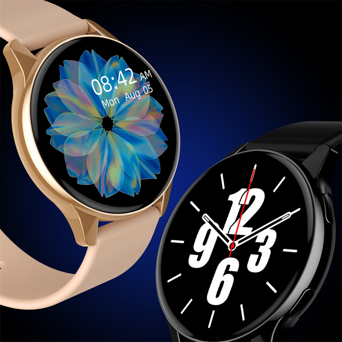 Zwei Smartwatches mit runden Zifferblättern, eine goldfarbene mit Blume, die andere schwarz mit Zahlen.