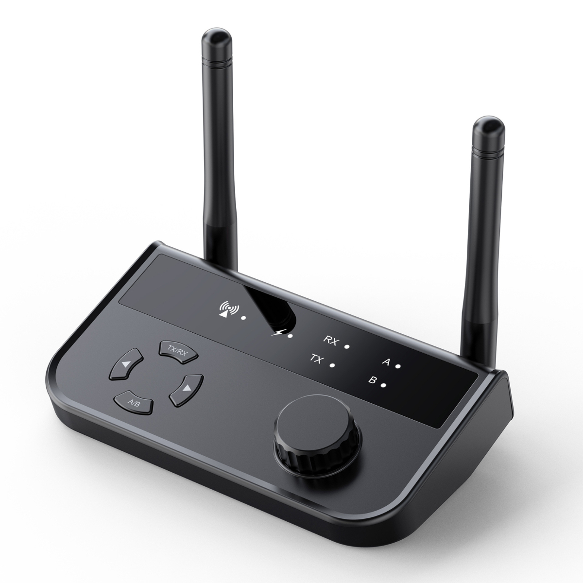 Schwarzer Audiosender mit zwei Antennen und Knöpfen.