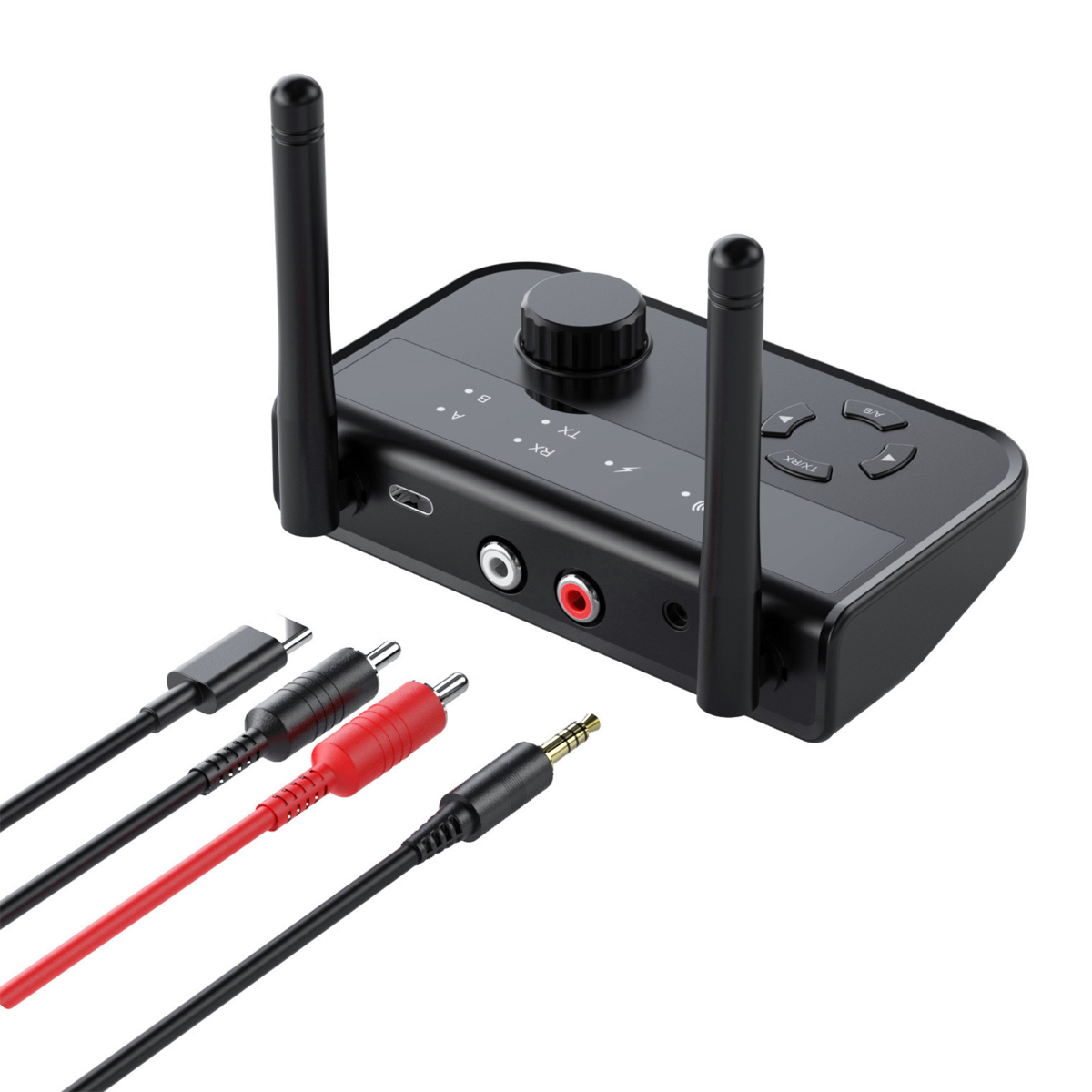 Schwarzer Audio-Transmitter mit Kabeln. Inklusive USB-C, 3,5-mm-Klinke und rot/schwarzen Cinch-Anschlüssen.