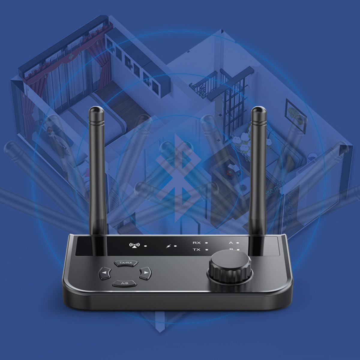 Schwarzer Bluetooth-Sender mit zwei Antennen, einem Drehregler und Tasten. Eine Hausillustration im Hintergrund.