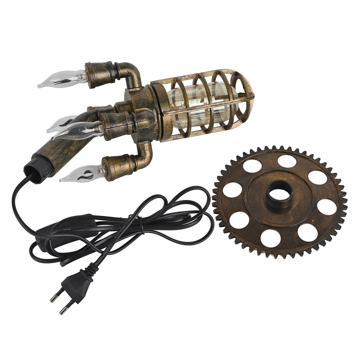 Eine Lampe im Industriestil mit drei Glühbirnen und einem Zahnrad. Sie ist braun und schwarz.