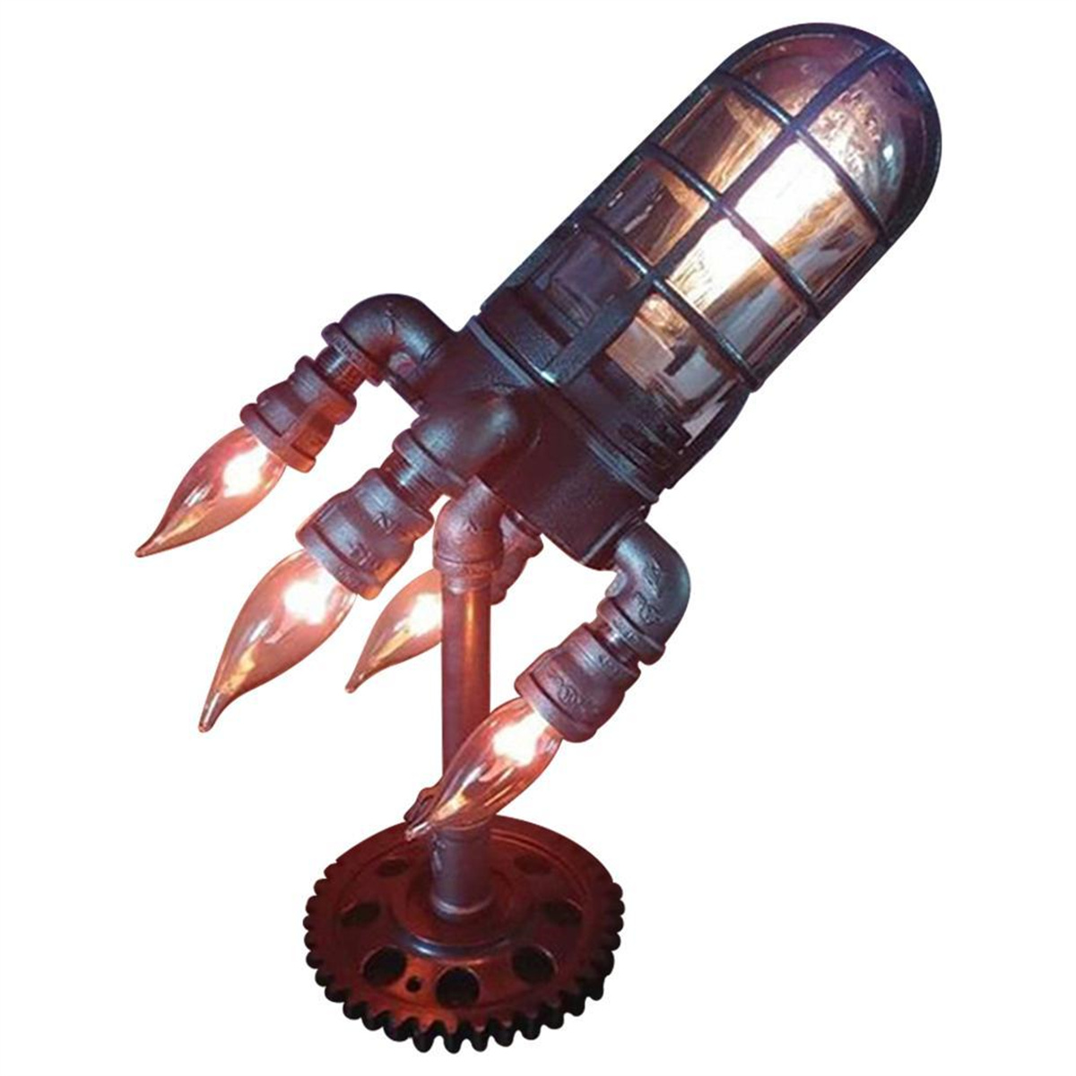 Industriell gestaltete Raketenlampe mit beleuchteten Glühbirnen. Sie hat einen zahnradförmigen Sockel und Rohre.