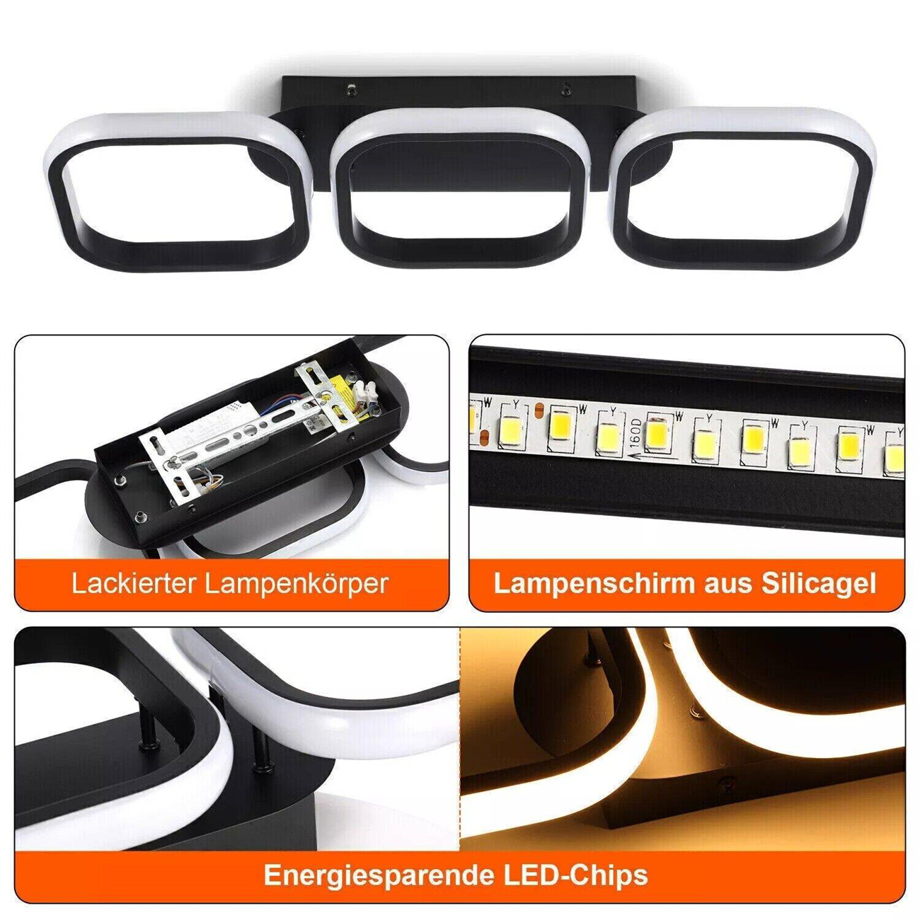 Deckenleuchten mit drei weißen, abgerundeten Rechtecken. Details zeigen die Teile und LED-Chips.