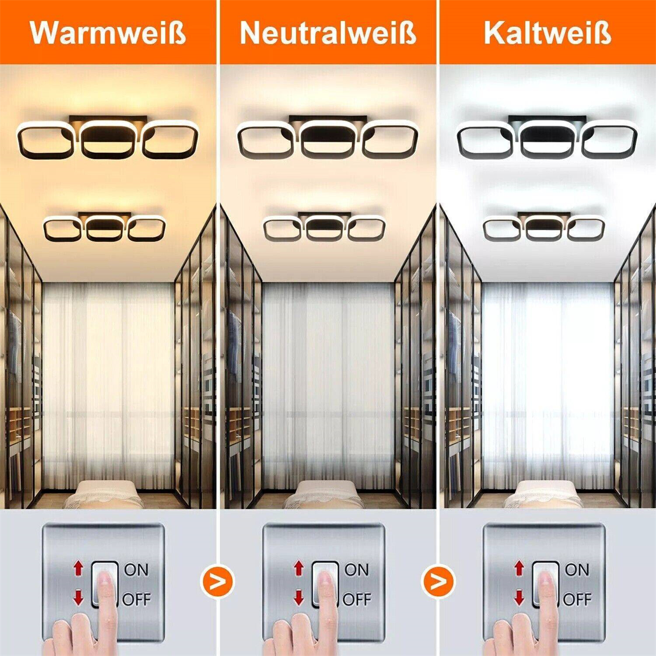 Drei Sätze von Lichtern und Schaltern, die verschiedene Farbtemperaturen zeigen: warm, neutral und kaltweiß.