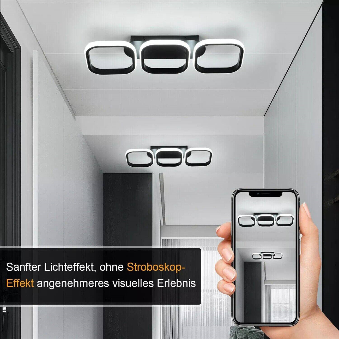 Moderne Deckenleuchten in einem Flur. Ein Telefon zeigt die gleichen Lichter.