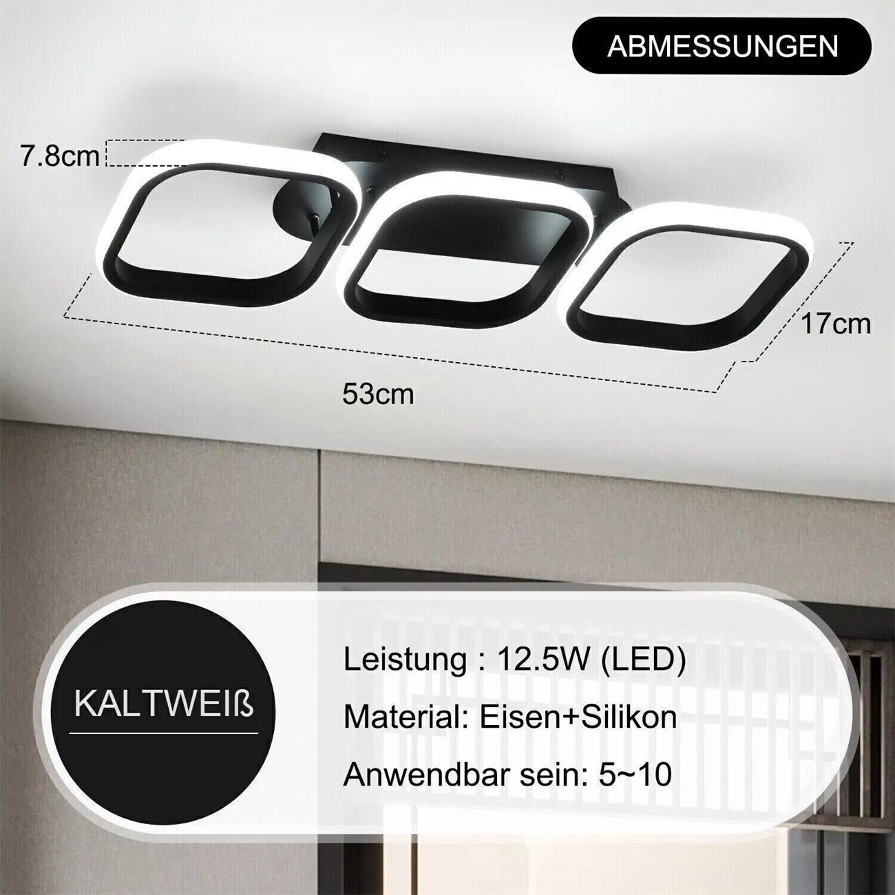 Weiße LED-Deckenleuchte mit drei quadratischen Paneelen, Abmessungen sind angegeben, aus Eisen und Silikon.
