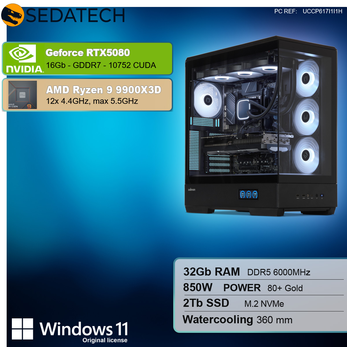 PC da gioco con componenti, tra cui scheda grafica e raffreddamento a liquido. Specifiche nel telaio.