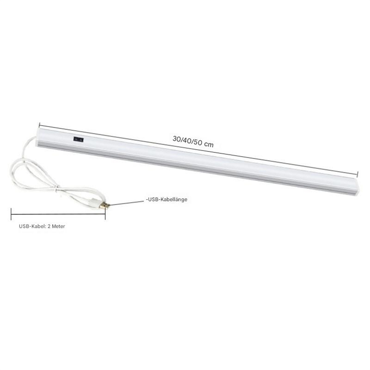 Eine weiße LED-Lichtleiste mit Kabel. Text: '30/40/50 cm' und 'USB-Kabel: 2 Meter'.