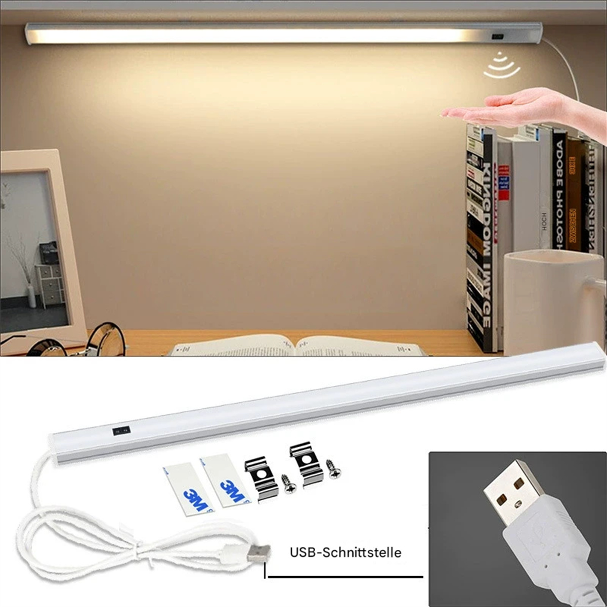 Eine weiße LED-Lichtleiste mit USB-Anschluss und Zubehör, einschließlich Handsensor.