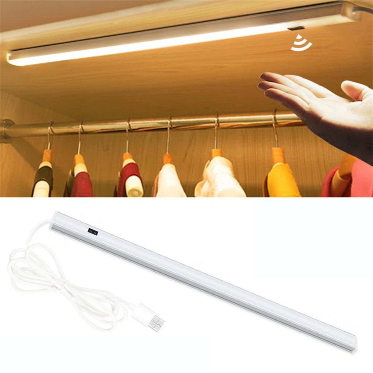 Eine moderne weiße LED-Lichtleiste mit Bewegungssensor, die unter einer Kleiderstange mit Kleidung hängt.