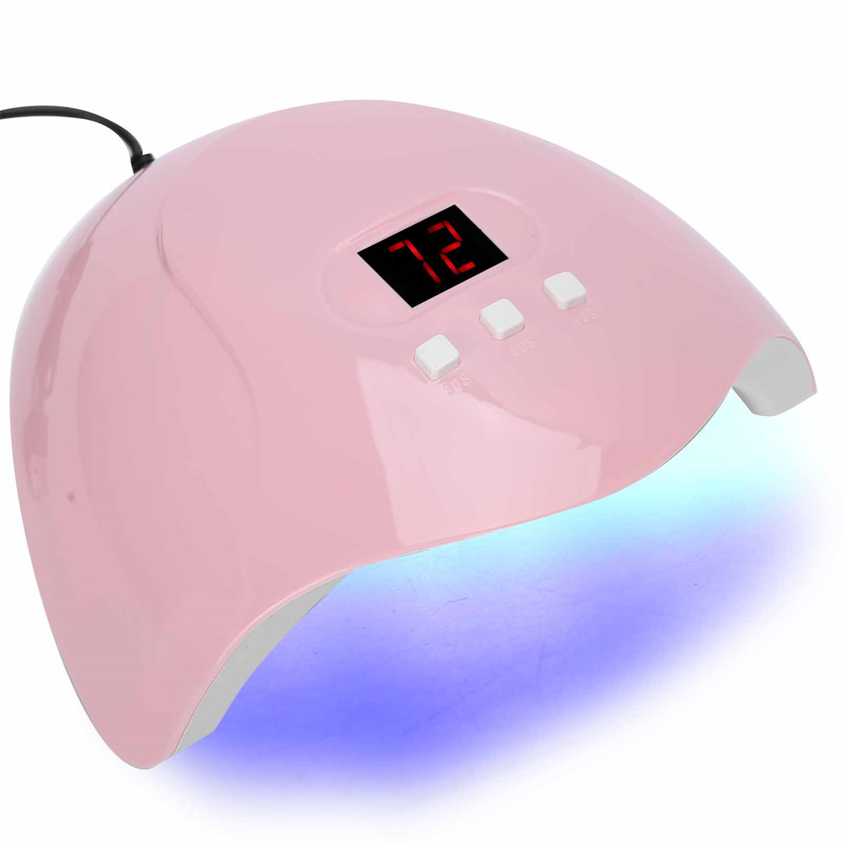 Rosa UV-Nagellampe mit Digitalanzeige '72' und drei Knöpfen. Blaues Licht ist an.