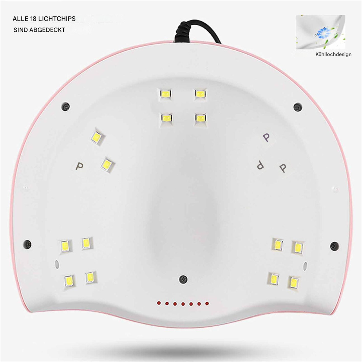 Rosa UV-Nagellampe mit 18 Lichtchips und roten Leistungsanzeigen. Die Oberseite ist gewölbt.