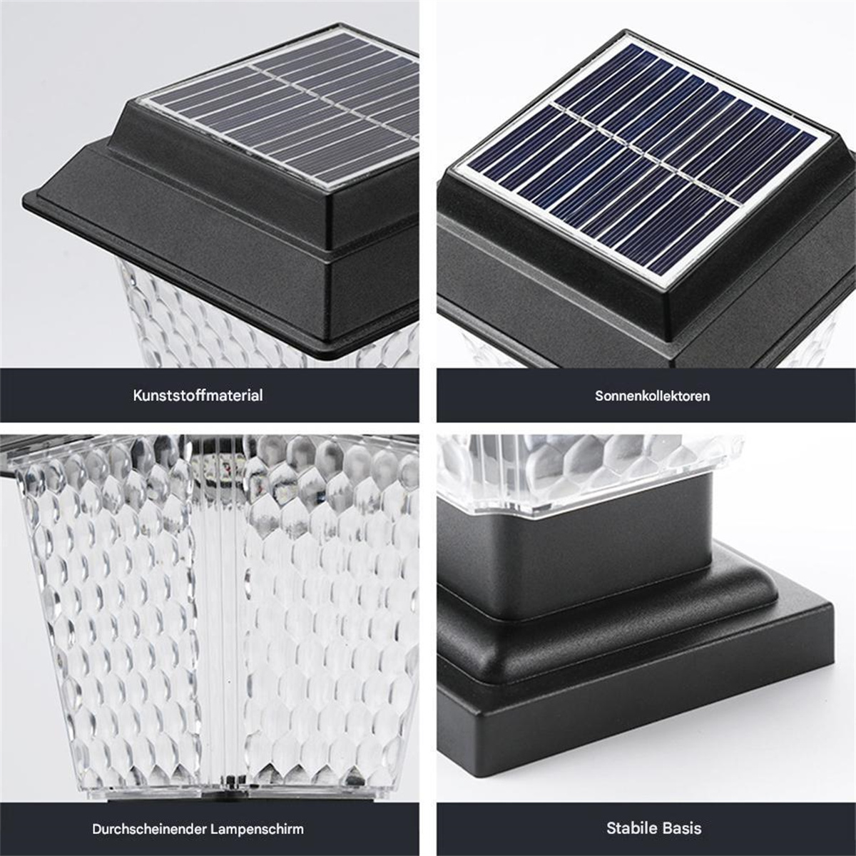 Vier Detailaufnahmen einer solarbetriebenen Gartenleuchte. Details umfassen Paneele, Schirm und Sockel.