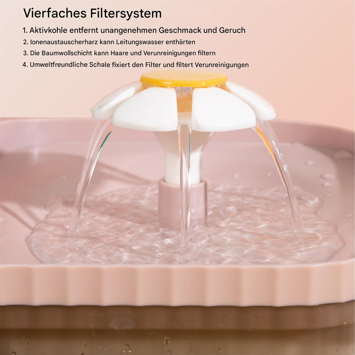 Rosa Haustierbrunnen mit blumenförmigem Wasserauslass, zeigt Wasserfluss und Design.