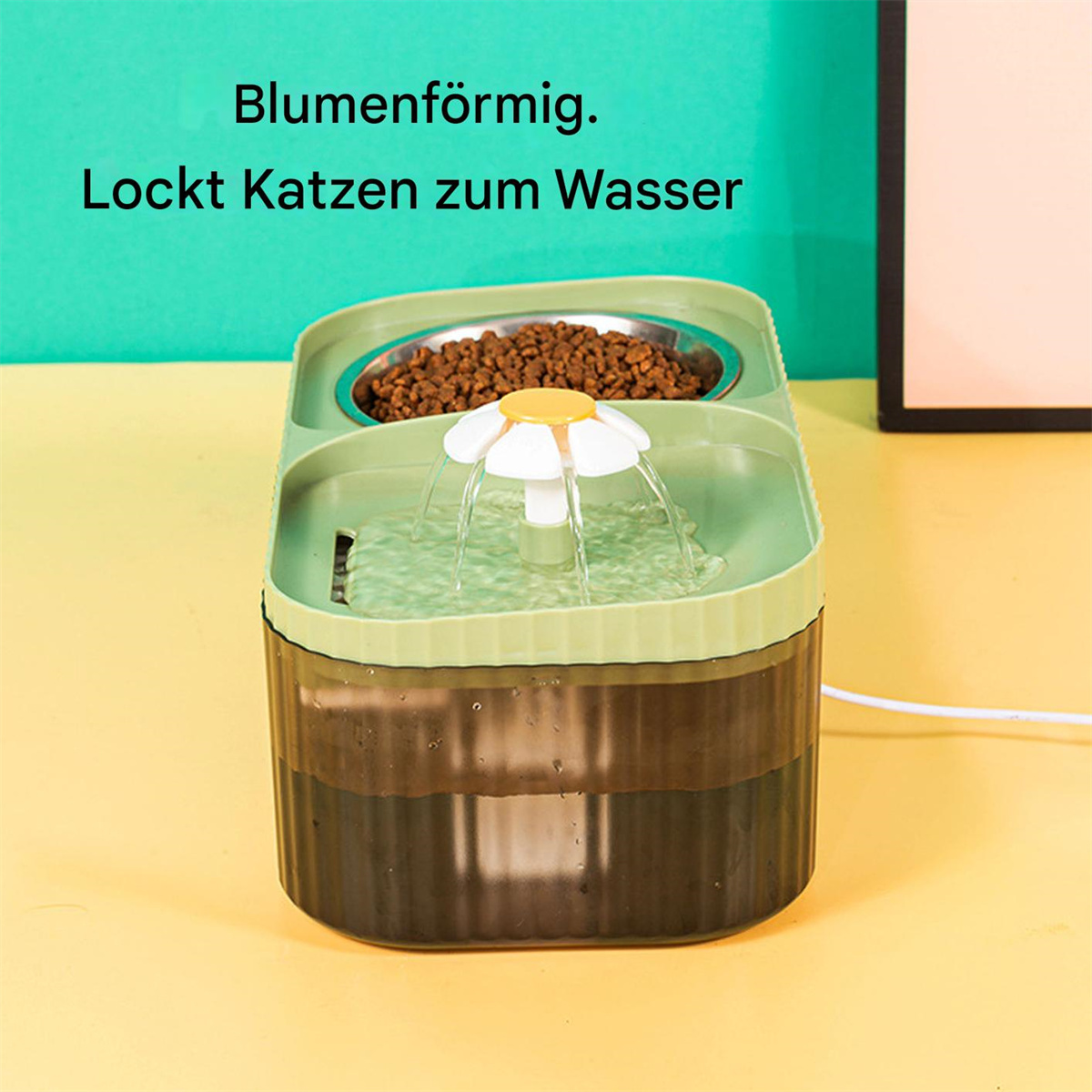 Haustier-Wasserbrunnen mit blütenförmigem Auslauf, grün und braun, mit Futter und Wasser.