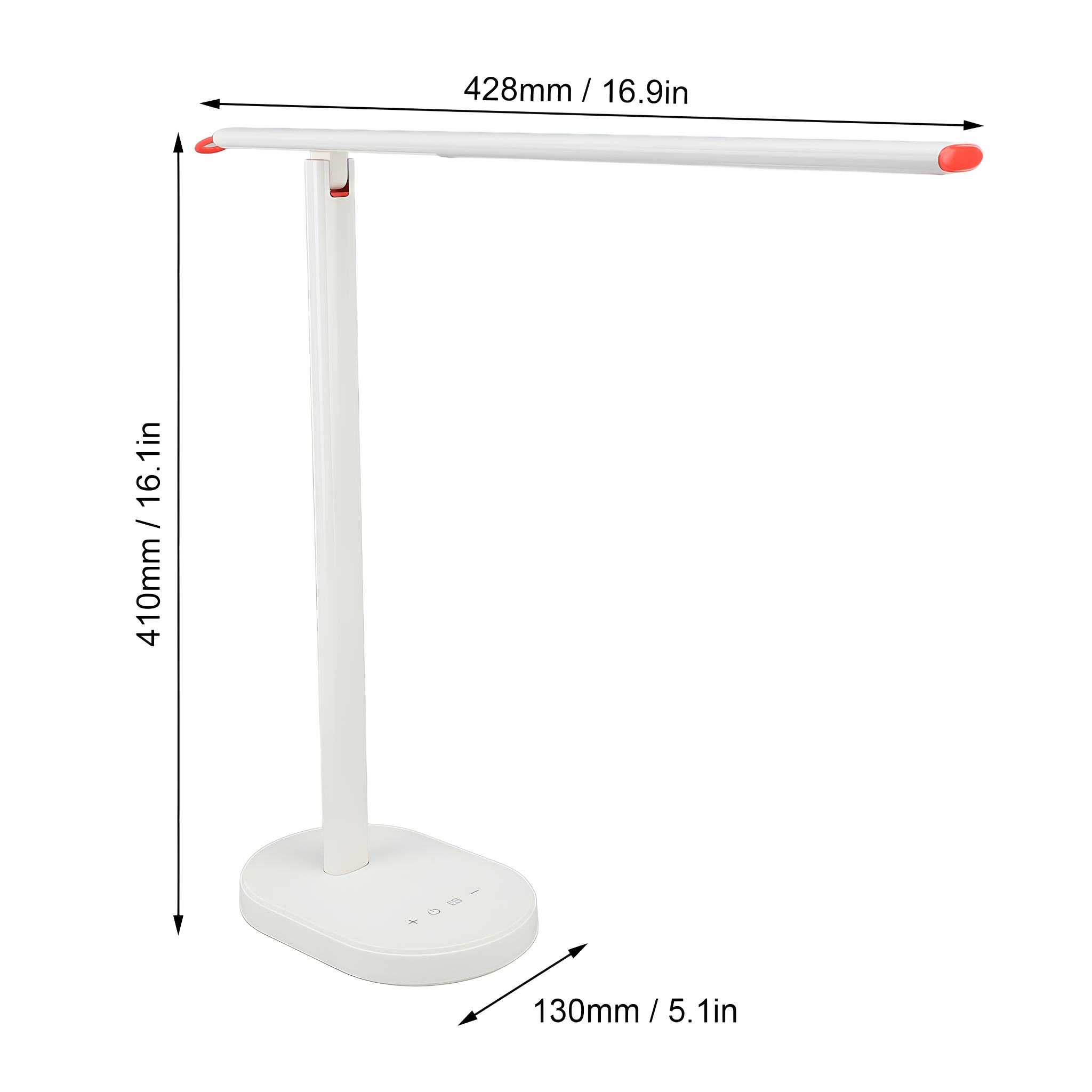 Weiße Schreibtischlampe. Abmessungen werden angezeigt.