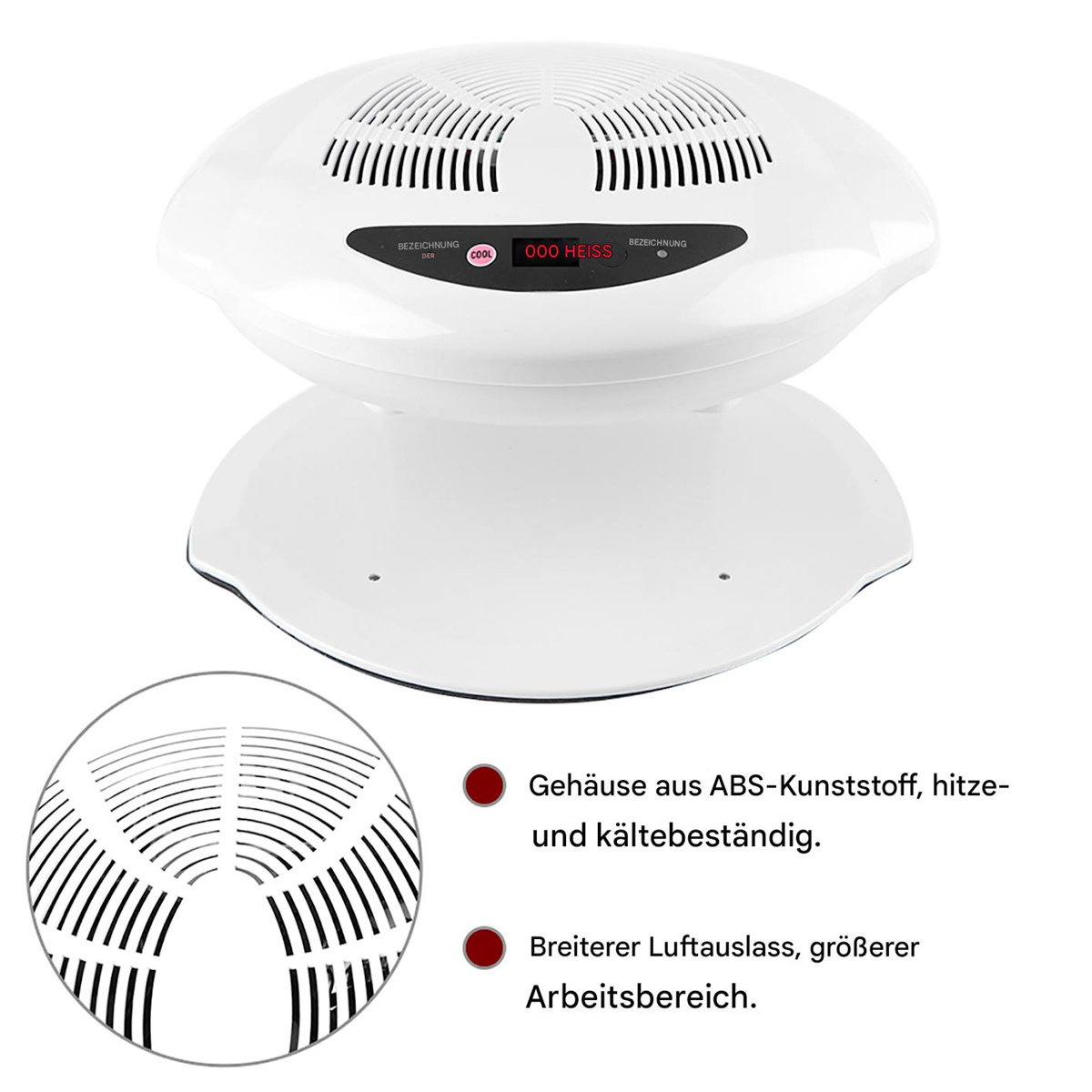 Ein weißer Nagelstaubabscheider mit Oberteil und Basis, zwei Textetiketten auf dem Oberteil mit der Aufschrift 'COOL' und 'HEISS'.