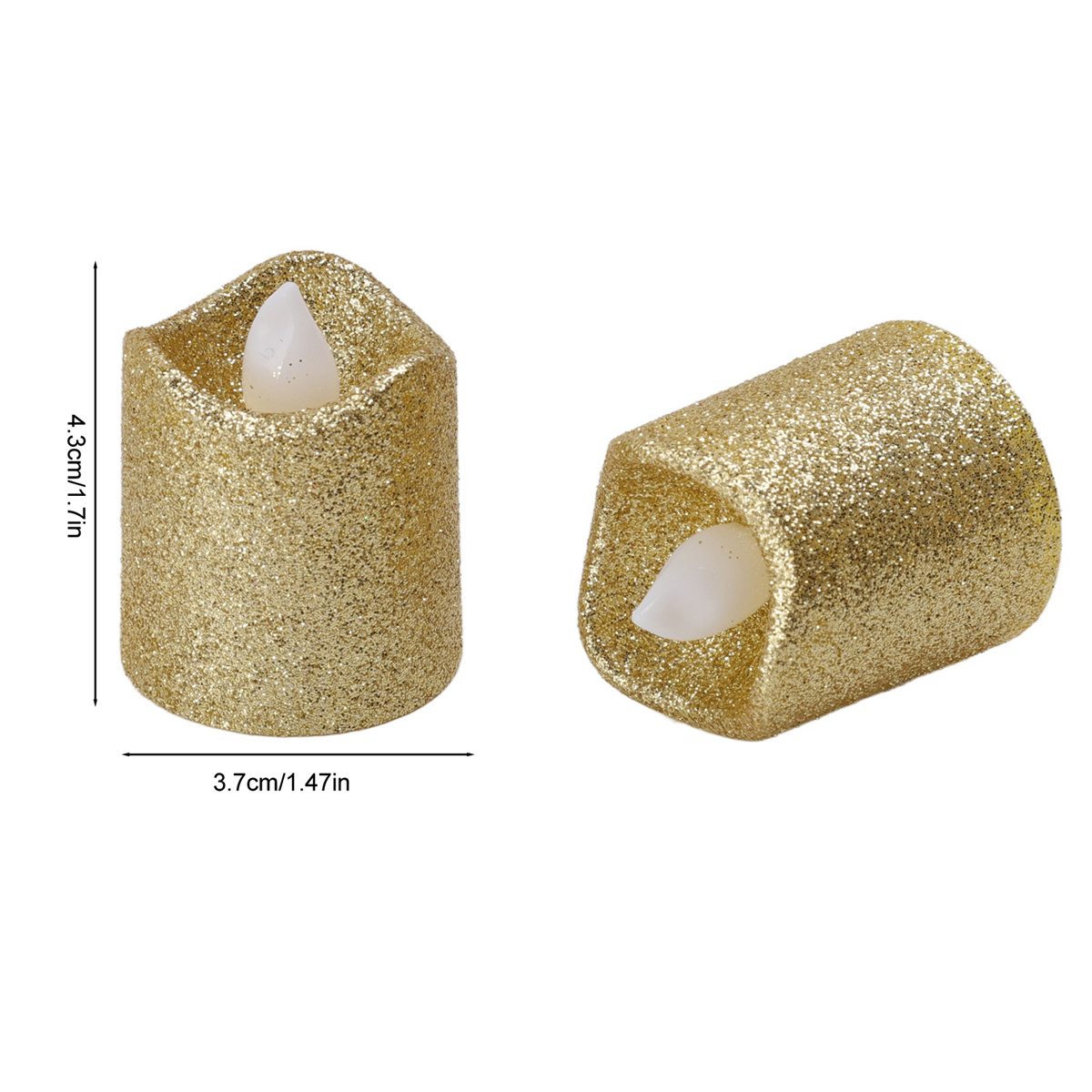 Zwei goldene Glitzerkerzen mit weißer Flammenform, auf weißer Oberfläche, Maße angegeben.